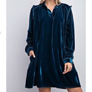 Easel Velvet Shoulder Ruffle Knee Length Dress in Teal
